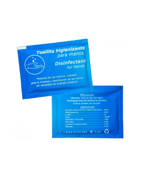 Individual sanitizing wipes, Box of 500 units.